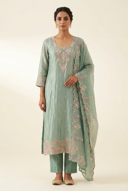 Pure Shimmer Crushed Tissue Unstitched Suit with Resham Zari Sequence Embroidery & Scalping Dupatta