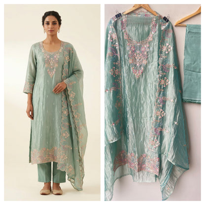 Pure Shimmer Crushed Tissue Unstitched Suit with Resham Zari Sequence Embroidery & Scalping Dupatta