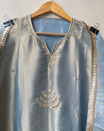 Pure Self Shimmer Giraffe Silk Unstitched Suit with Dabka Kutdanna Pearl Embroidery & Tassel Border Lace Dupatta