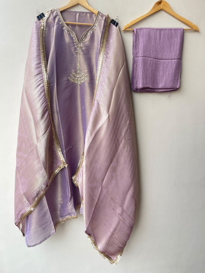 Pure Self Shimmer Giraffe Silk Unstitched Suit with Dabka Kutdanna Pearl Embroidery & Tassel Border Lace Dupatta