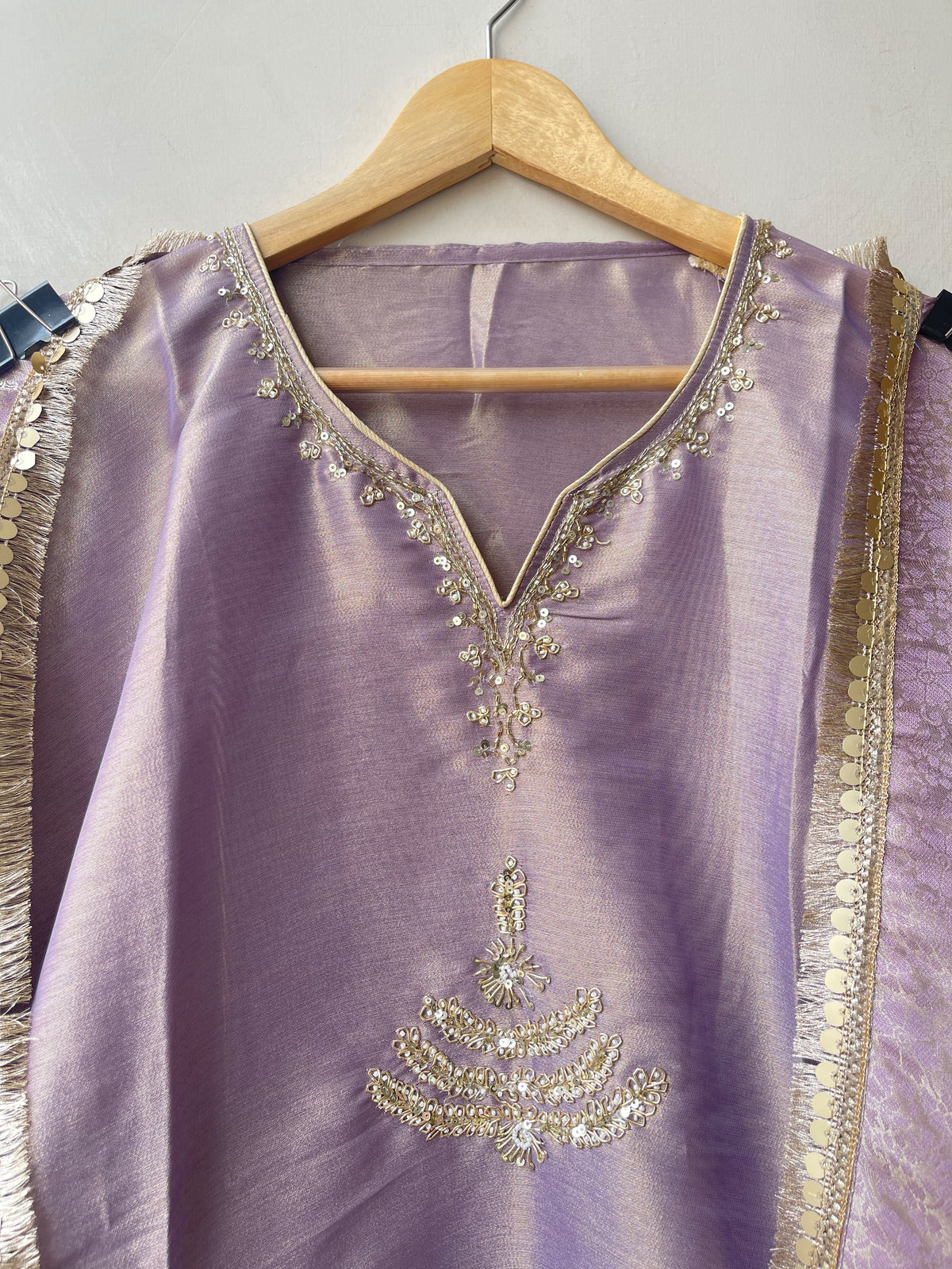 Pure Self Shimmer Giraffe Silk Unstitched Suit with Dabka Kutdanna Pearl Embroidery & Tassel Border Lace Dupatta