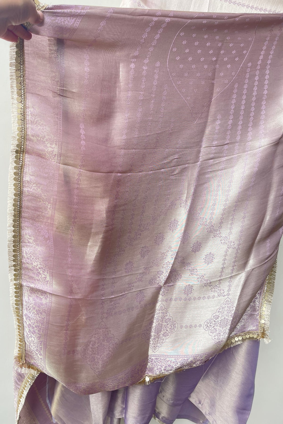 Pure Self Shimmer Giraffe Silk Unstitched Suit with Dabka Kutdanna Pearl Embroidery & Tassel Border Lace Dupatta