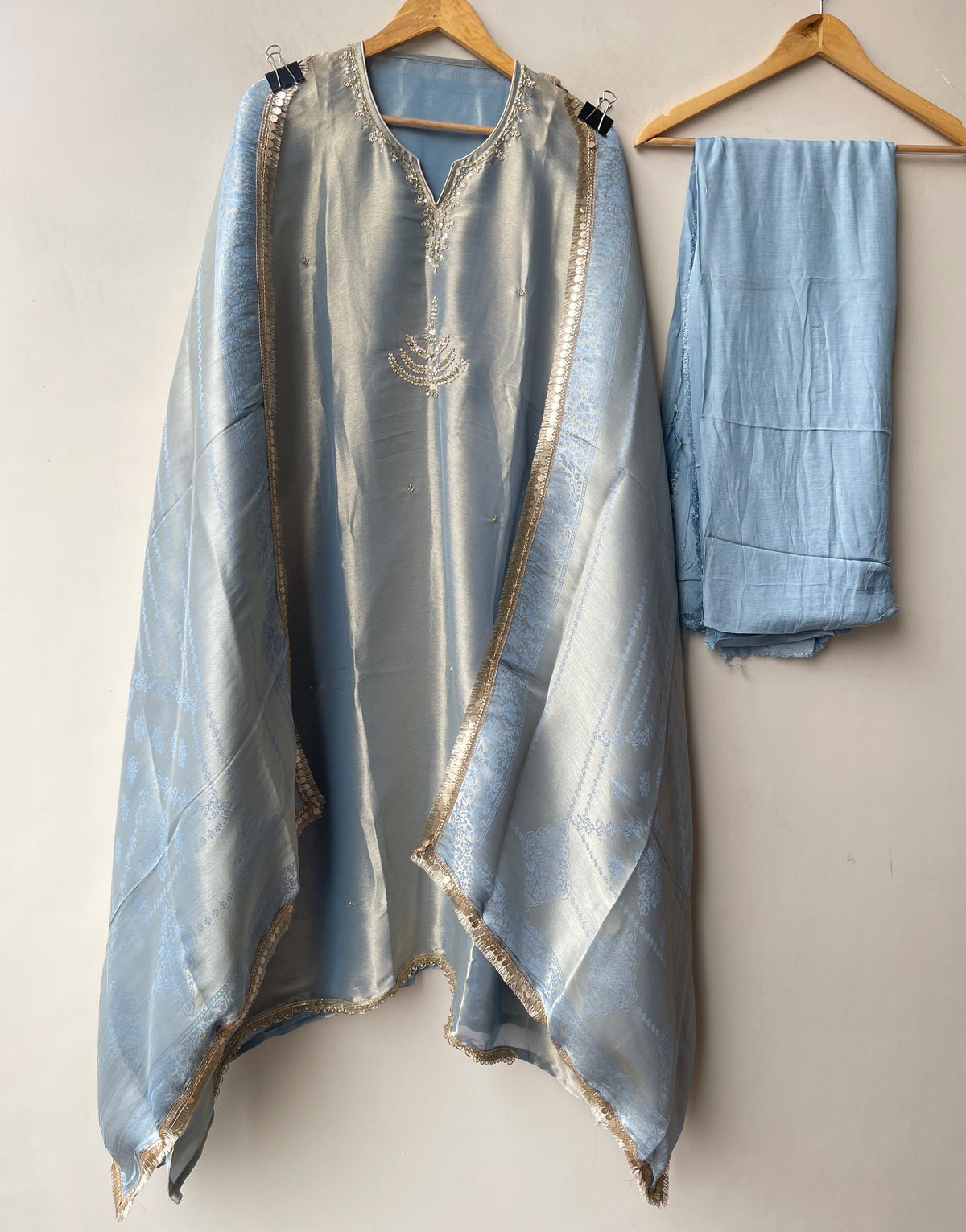 Pure Self Shimmer Giraffe Silk Unstitched Suit with Dabka Kutdanna Pearl Embroidery & Tassel Border Lace Dupatta