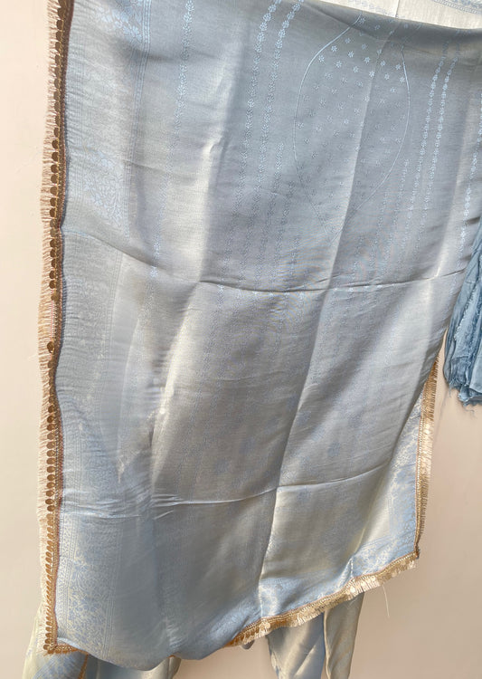 Pure Self Shimmer Giraffe Silk Unstitched Suit with Dabka Kutdanna Pearl Embroidery & Tassel Border Lace Dupatta