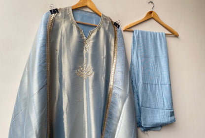 Pure Self Shimmer Giraffe Silk Unstitched Suit with Dabka Kutdanna Pearl Embroidery & Tassel Border Lace Dupatta