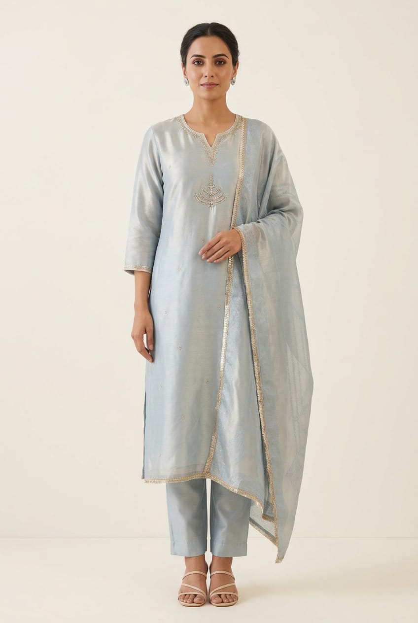 Pure Self Shimmer Giraffe Silk Unstitched Suit with Dabka Kutdanna Pearl Embroidery & Tassel Border Lace Dupatta