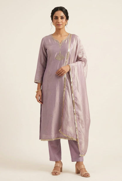 Pure Self Shimmer Giraffe Silk Unstitched Suit with Dabka Kutdanna Pearl Embroidery & Tassel Border Lace Dupatta
