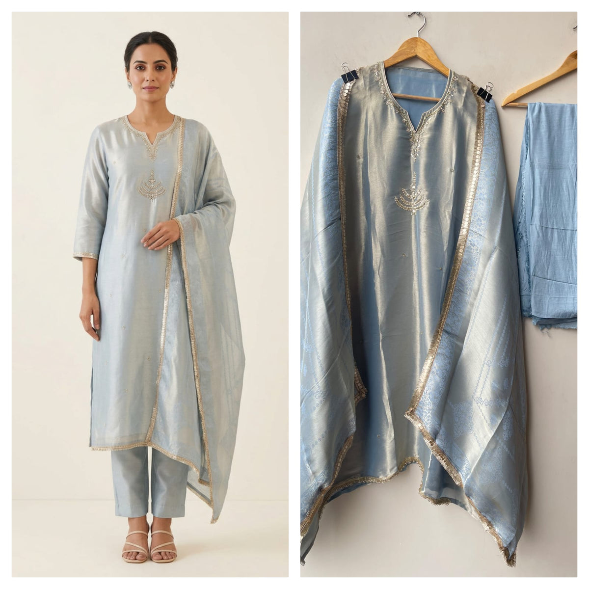 Pure Self Shimmer Giraffe Silk Unstitched Suit with Dabka Kutdanna Pearl Embroidery & Tassel Border Lace Dupatta