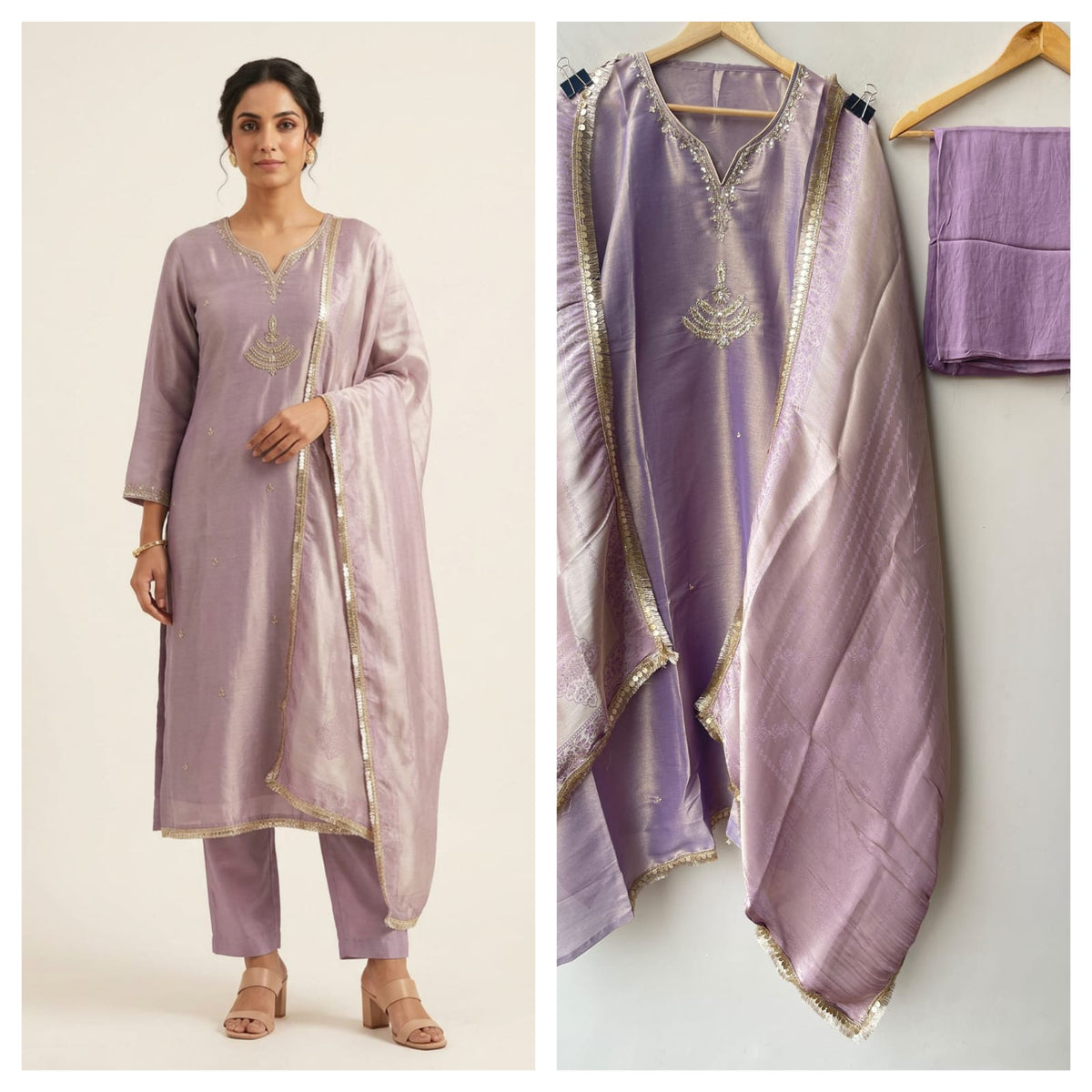 Pure Self Shimmer Giraffe Silk Unstitched Suit with Dabka Kutdanna Pearl Embroidery & Tassel Border Lace Dupatta