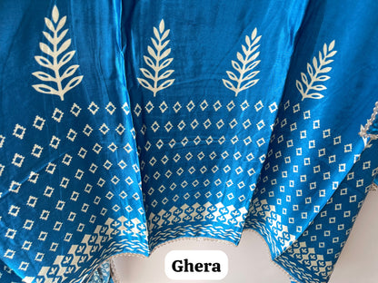 Gajji Silk Printed Unstitched Suit with Gotta Lace Zari Embroidery & Border Lace Dupatta
