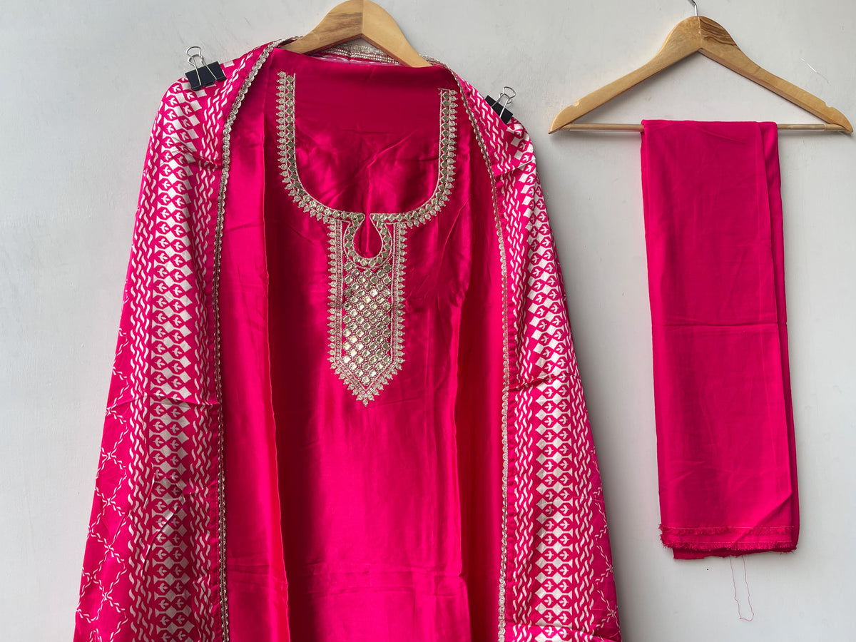 Gajji Silk Printed Unstitched Suit with Gotta Lace Zari Embroidery & Border Lace Dupatta