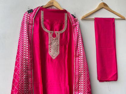 Gajji Silk Printed Unstitched Suit with Gotta Lace Zari Embroidery & Border Lace Dupatta