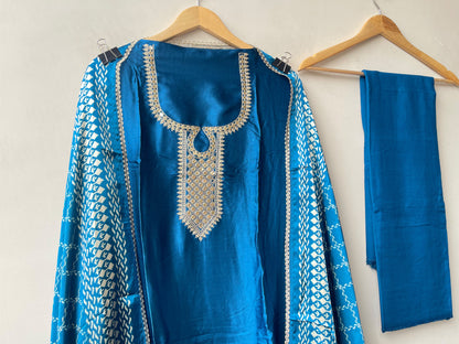 Gajji Silk Printed Unstitched Suit with Gotta Lace Zari Embroidery & Border Lace Dupatta