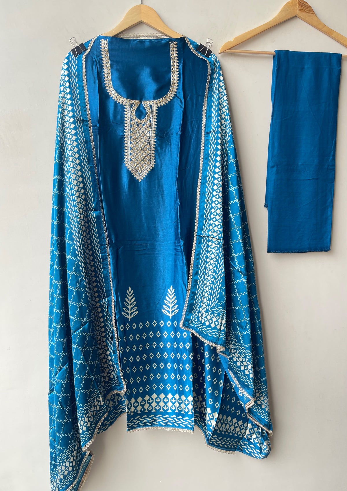 Gajji Silk Printed Unstitched Suit with Gotta Lace Zari Embroidery & Border Lace Dupatta