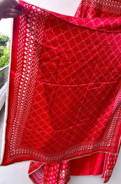 Gajji Silk Printed Unstitched Suit with Gotta Lace Zari Embroidery & Border Lace Dupatta