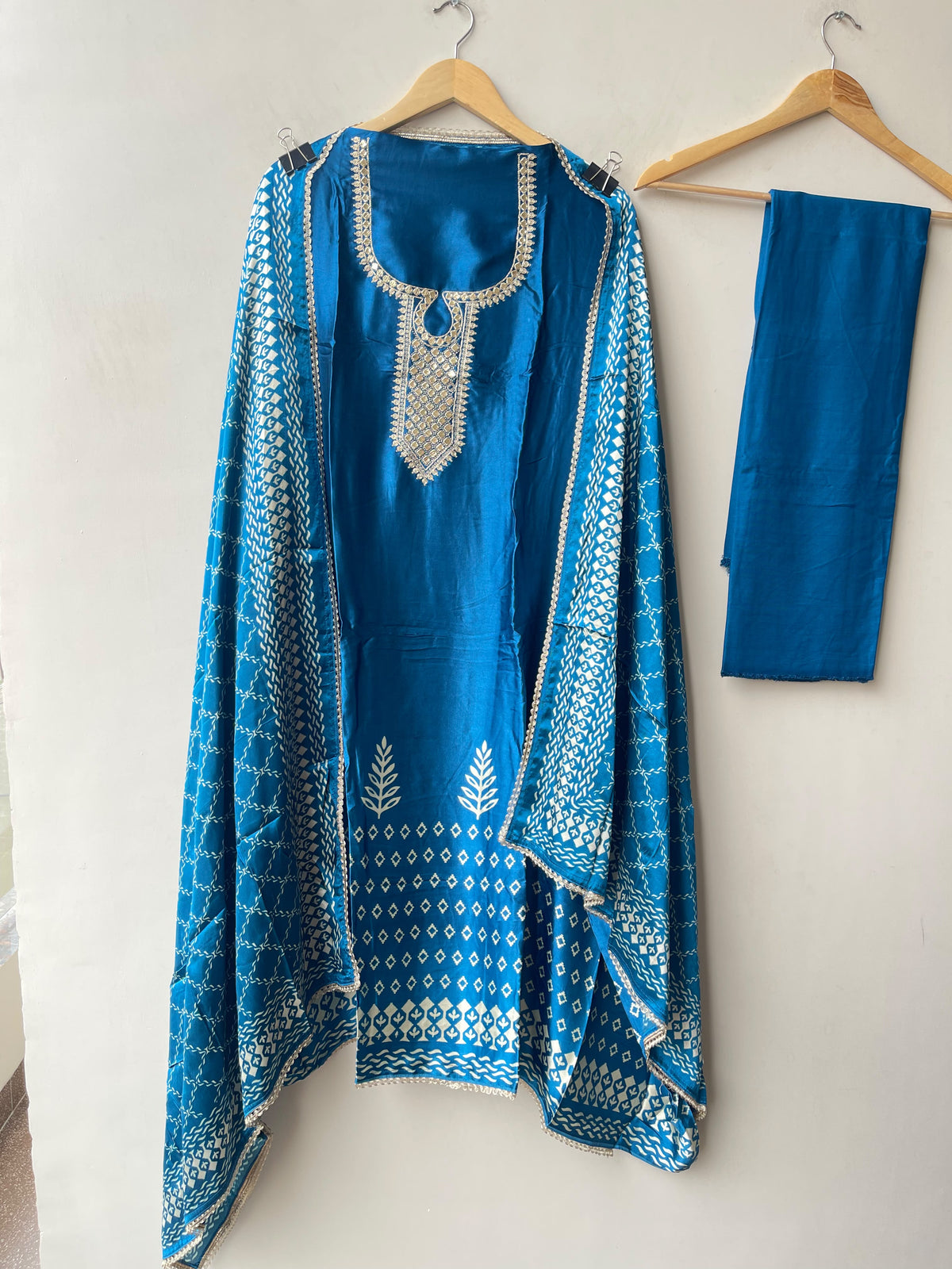 Gajji Silk Printed Unstitched Suit with Gotta Lace Zari Embroidery & Border Lace Dupatta