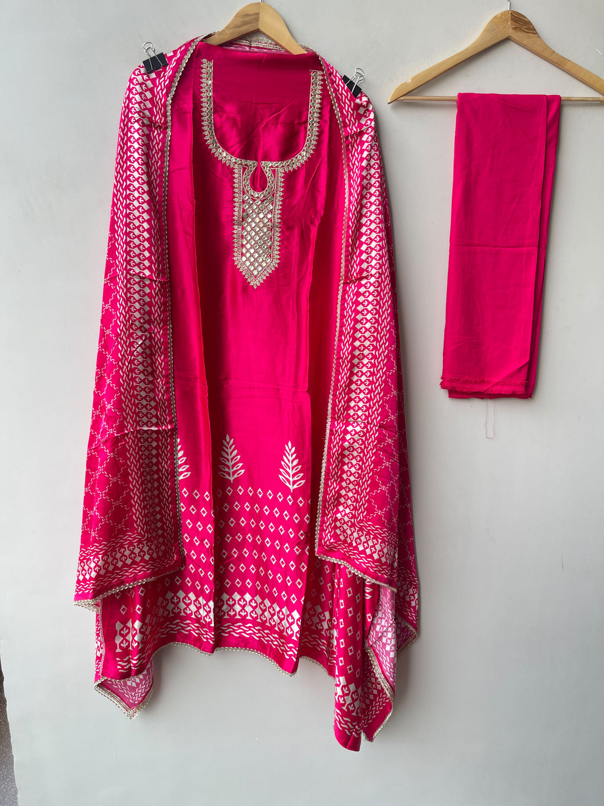 Gajji Silk Printed Unstitched Suit with Gotta Lace Zari Embroidery & Border Lace Dupatta