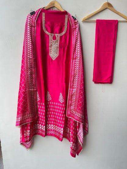 Gajji Silk Printed Unstitched Suit with Gotta Lace Zari Embroidery & Border Lace Dupatta