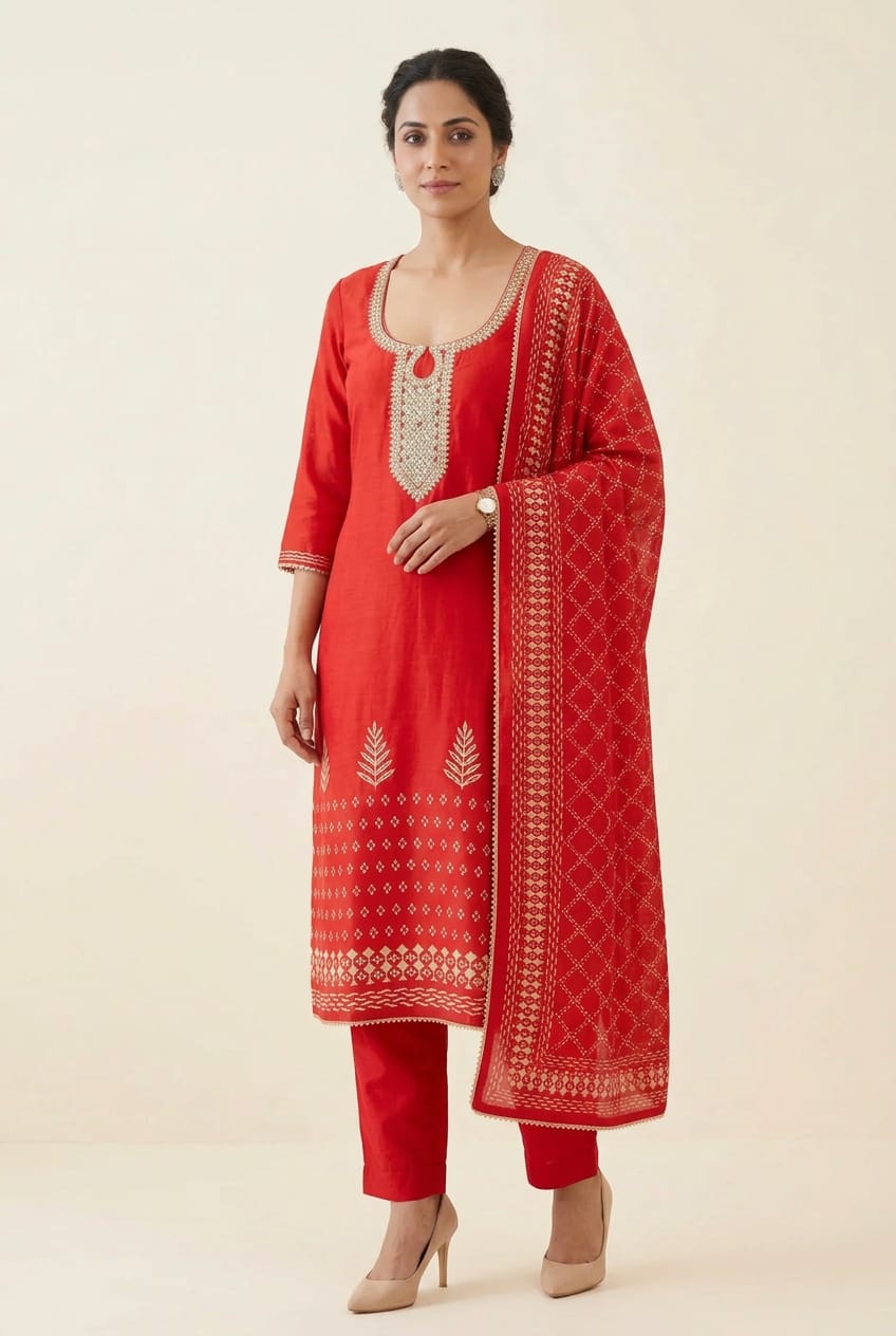 Gajji Silk Printed Unstitched Suit with Gotta Lace Zari Embroidery & Border Lace Dupatta