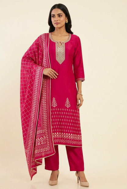 Gajji Silk Printed Unstitched Suit with Gotta Lace Zari Embroidery & Border Lace Dupatta