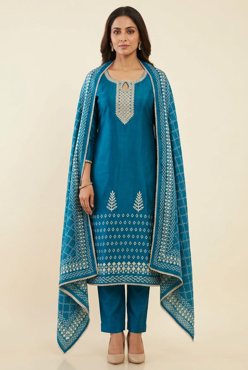 Gajji Silk Printed Unstitched Suit with Gotta Lace Zari Embroidery & Border Lace Dupatta
