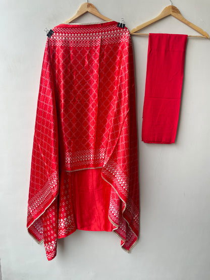Gajji Silk Printed Unstitched Suit with Gotta Lace Zari Embroidery & Border Lace Dupatta