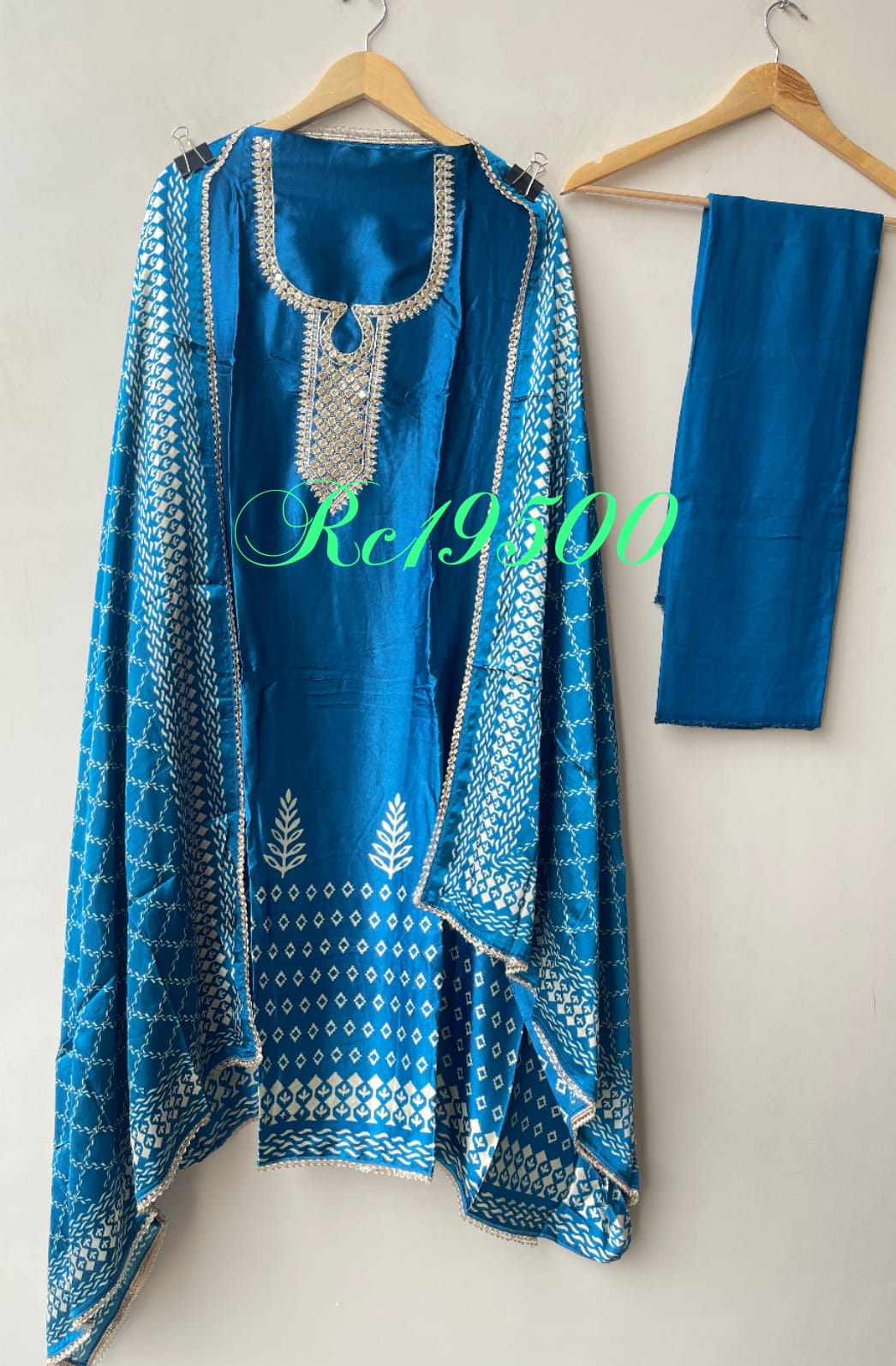 Gajji Silk Printed Unstitched Suit with Gotta Lace Zari Embroidery & Border Lace Dupatta