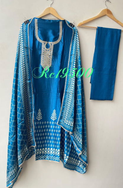 Gajji Silk Printed Unstitched Suit with Gotta Lace Zari Embroidery & Border Lace Dupatta