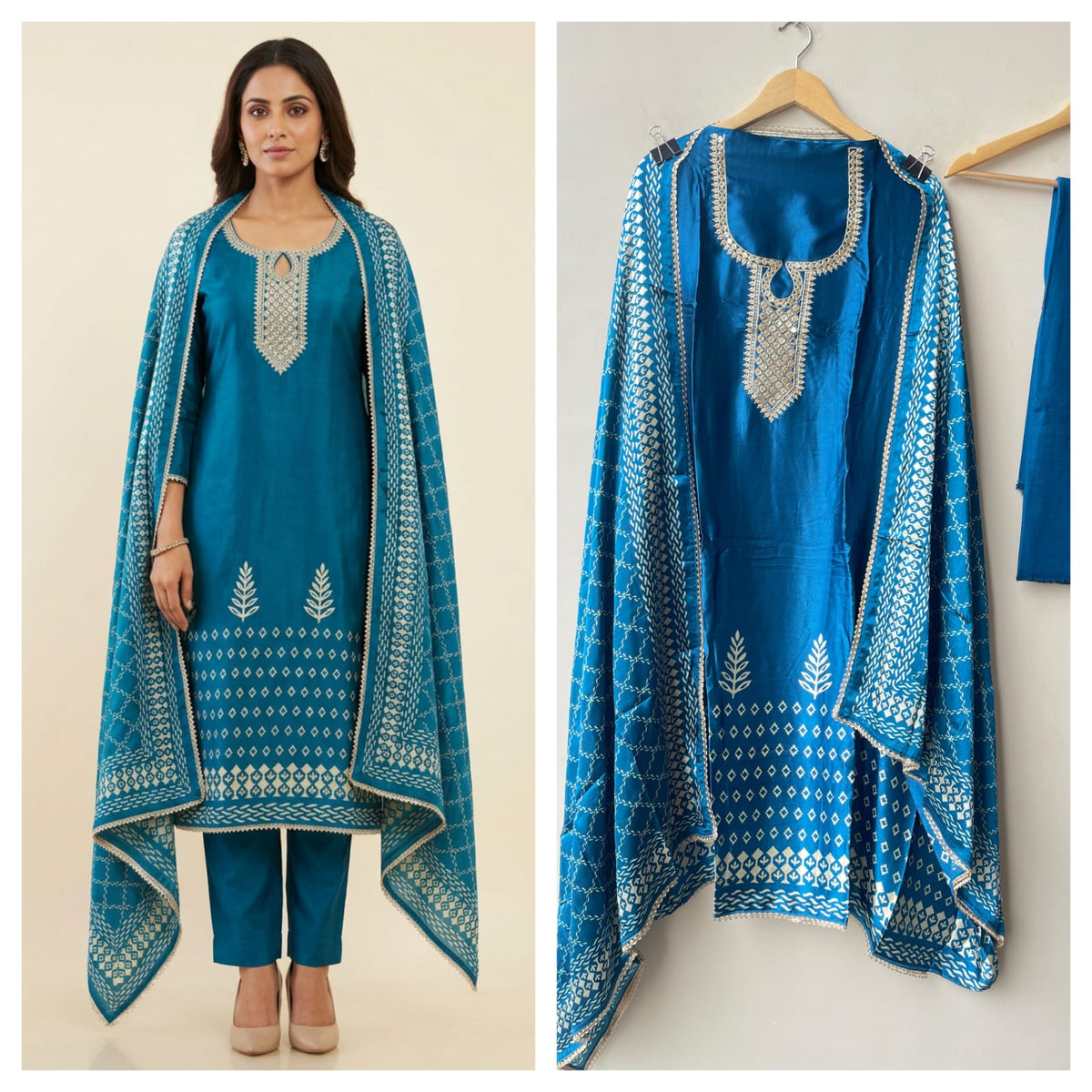 Gajji Silk Printed Unstitched Suit with Gotta Lace Zari Embroidery & Border Lace Dupatta
