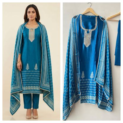Gajji Silk Printed Unstitched Suit with Gotta Lace Zari Embroidery & Border Lace Dupatta