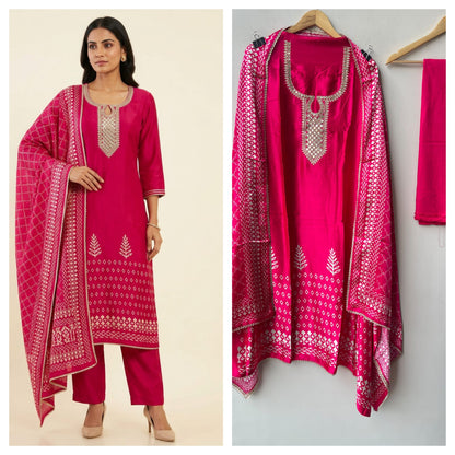 Gajji Silk Printed Unstitched Suit with Gotta Lace Zari Embroidery & Border Lace Dupatta