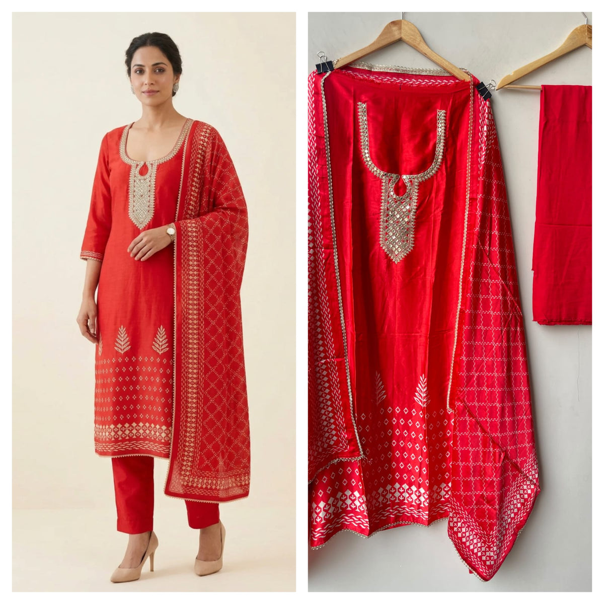 Gajji Silk Printed Unstitched Suit with Gotta Lace Zari Embroidery & Border Lace Dupatta