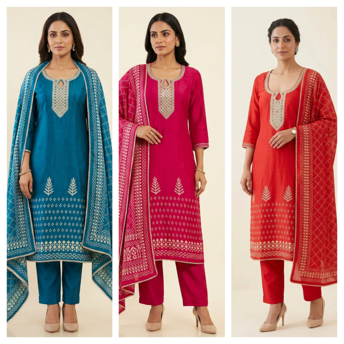 Gajji Silk Printed Unstitched Suit with Gotta Lace Zari Embroidery & Border Lace Dupatta