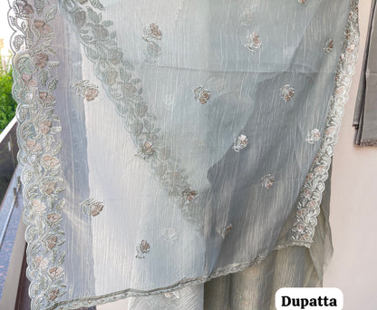 Pure Shimmer Crushed Tissue Unstitched Suit with Sequence Resham Zari Embroidery & Scalping Dupatta