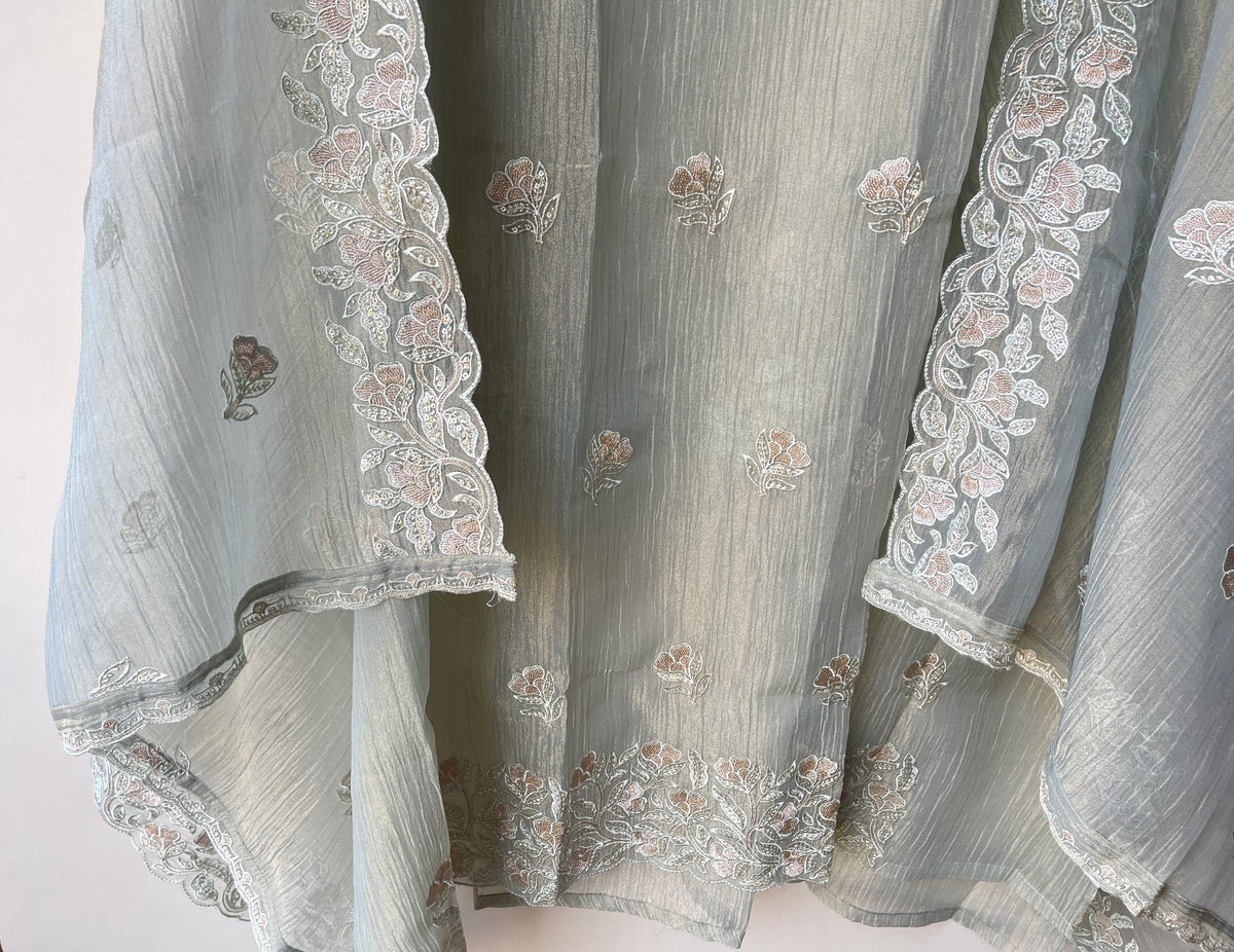 Pure Shimmer Crushed Tissue Unstitched Suit with Sequence Resham Zari Embroidery & Scalping Dupatta