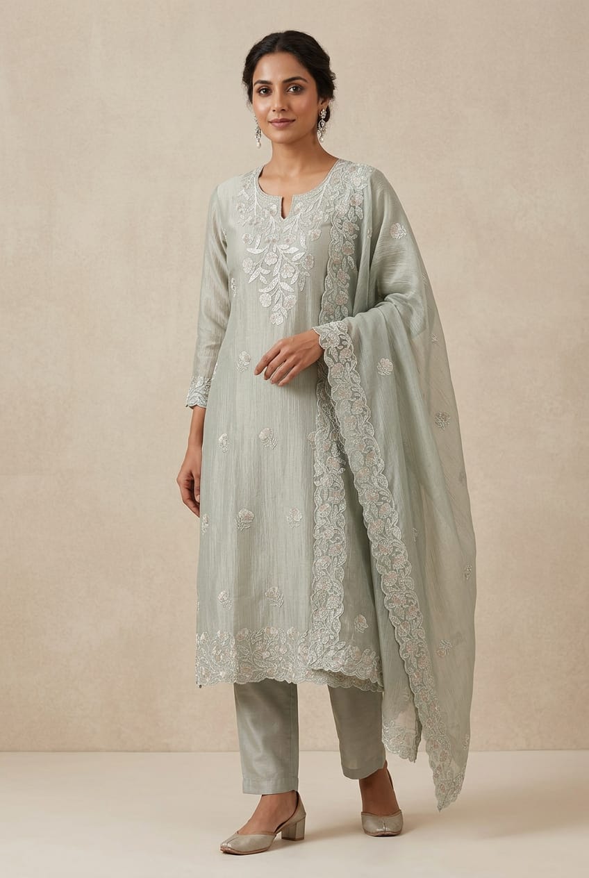 Pure Shimmer Crushed Tissue Unstitched Suit with Sequence Resham Zari Embroidery & Scalping Dupatta