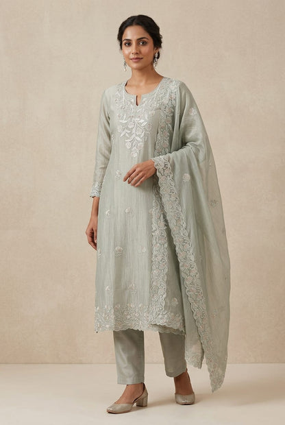 Pure Shimmer Crushed Tissue Unstitched Suit with Sequence Resham Zari Embroidery & Scalping Dupatta