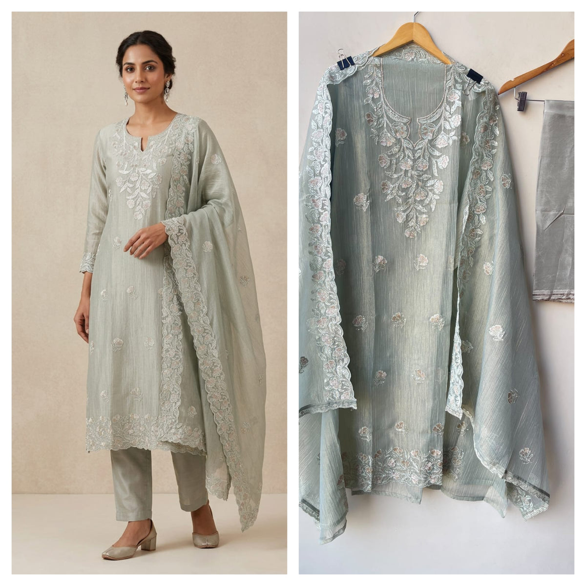Pure Shimmer Crushed Tissue Unstitched Suit with Sequence Resham Zari Embroidery & Scalping Dupatta
