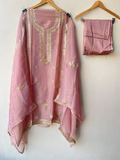 Pure Shimmer Tissue Unstitched Suit with Sequence Gotta Pitta Work Zari Embroidery & Border Lace Dupatta