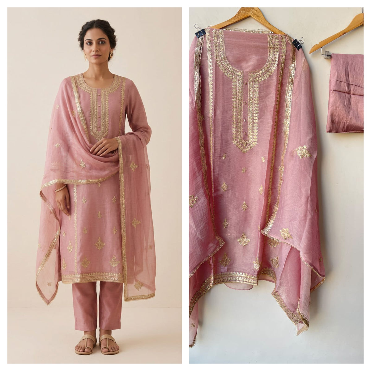 Pure Shimmer Tissue Unstitched Suit with Sequence Gotta Pitta Work Zari Embroidery & Border Lace Dupatta