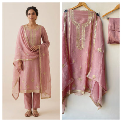 Pure Shimmer Tissue Unstitched Suit with Sequence Gotta Pitta Work Zari Embroidery & Border Lace Dupatta
