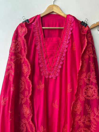 Mul Chanderi Unstitched Suit with Resham Embroidery, Crotia Neck & Resham Ghera Scalping
