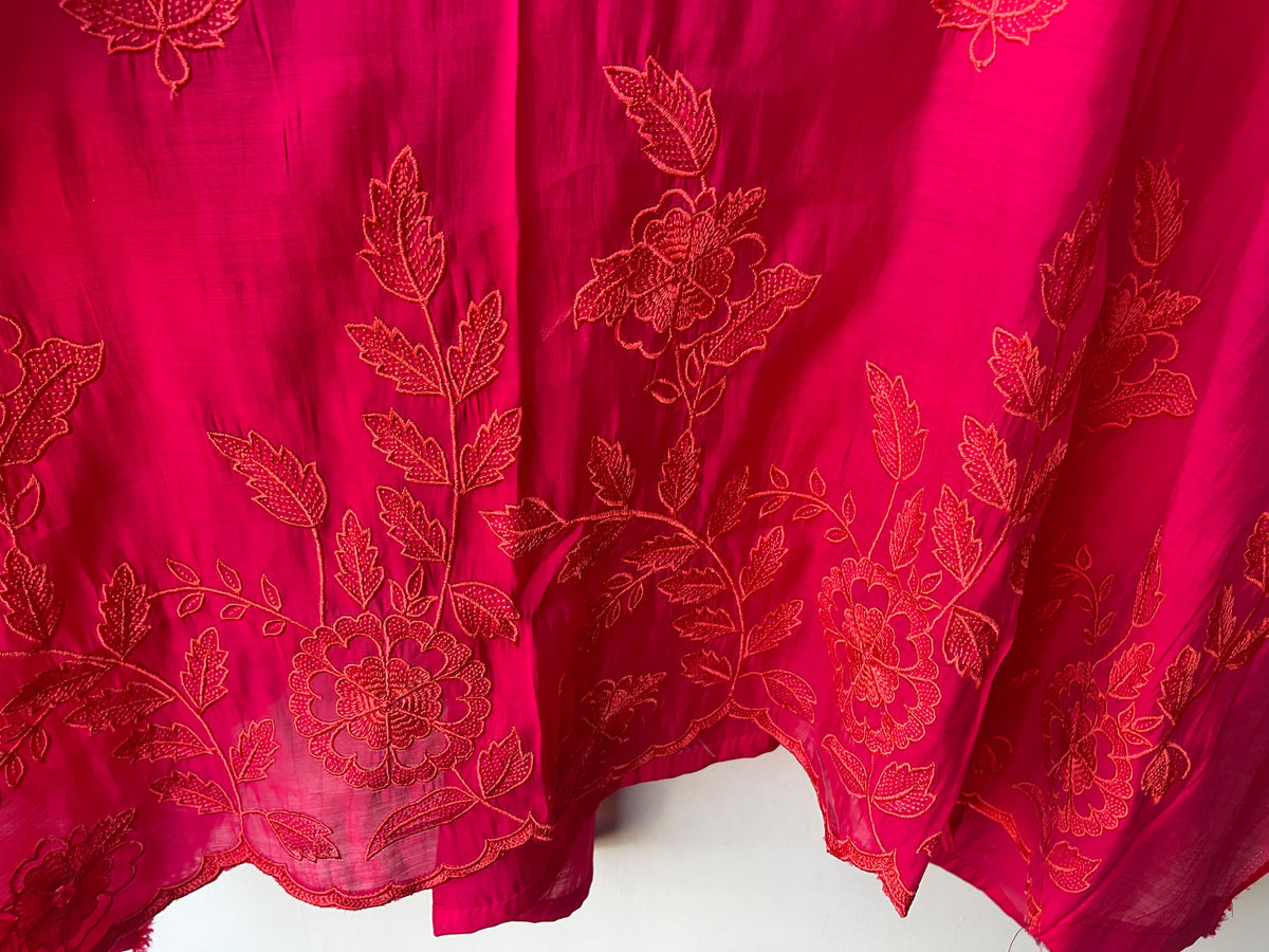 Mul Chanderi Unstitched Suit with Resham Embroidery, Crotia Neck & Resham Ghera Scalping