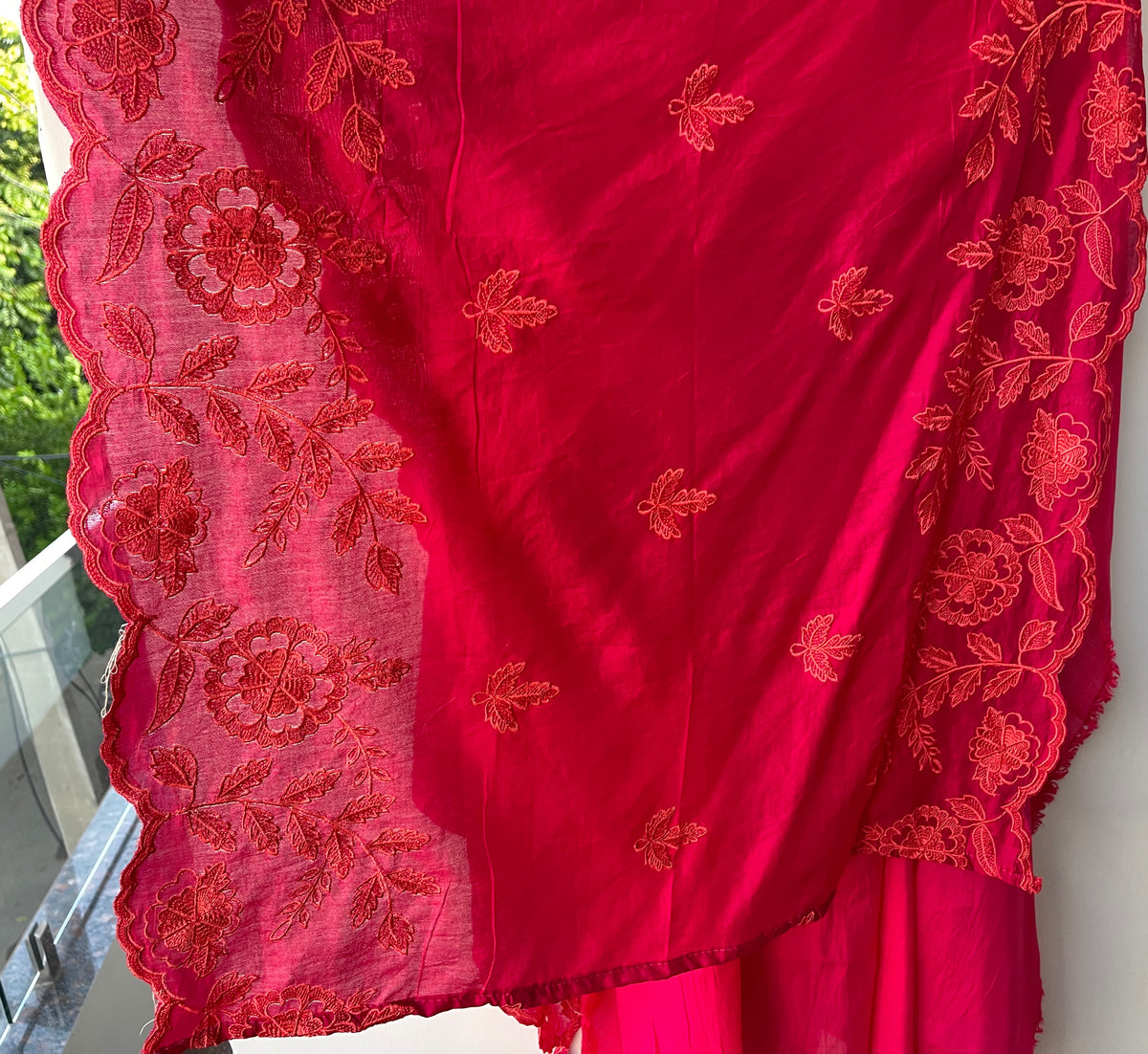 Mul Chanderi Unstitched Suit with Resham Embroidery, Crotia Neck & Resham Ghera Scalping