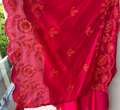 Mul Chanderi Unstitched Suit with Resham Embroidery, Crotia Neck & Resham Ghera Scalping