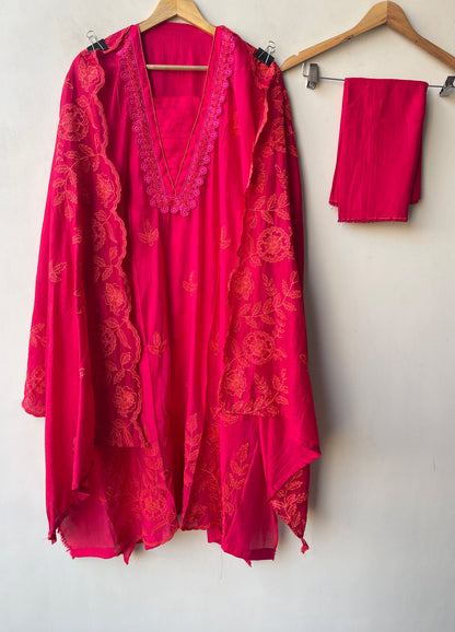 Mul Chanderi Unstitched Suit with Resham Embroidery, Crotia Neck & Resham Ghera Scalping