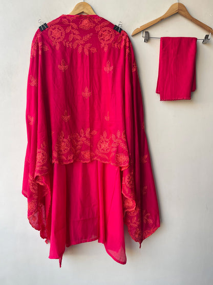 Mul Chanderi Unstitched Suit with Resham Embroidery, Crotia Neck & Resham Ghera Scalping