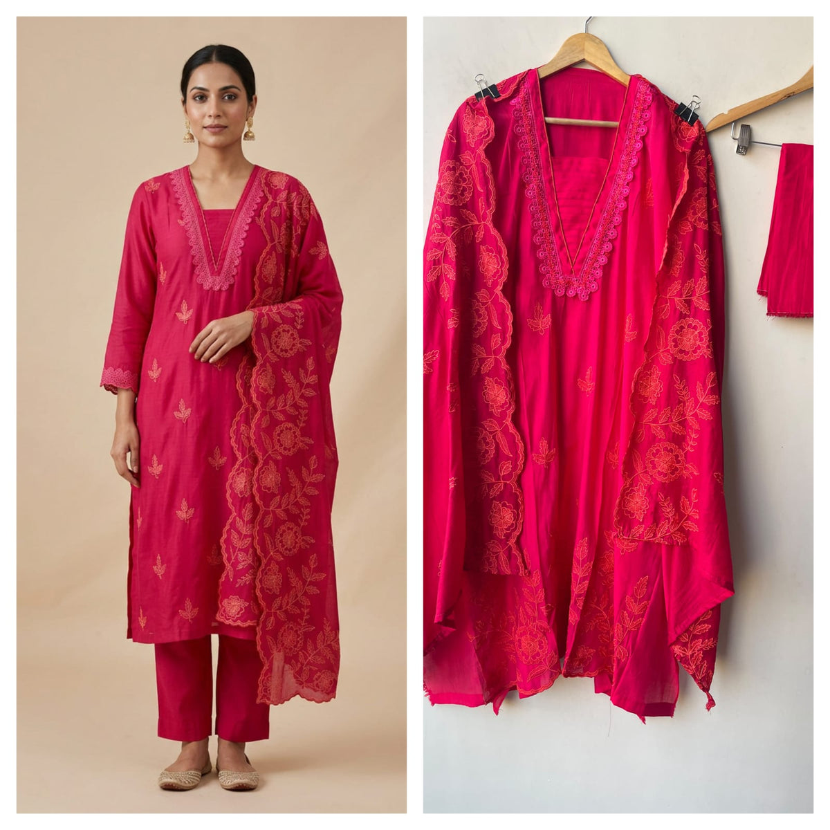 Mul Chanderi Unstitched Suit with Resham Embroidery, Crotia Neck & Resham Ghera Scalping