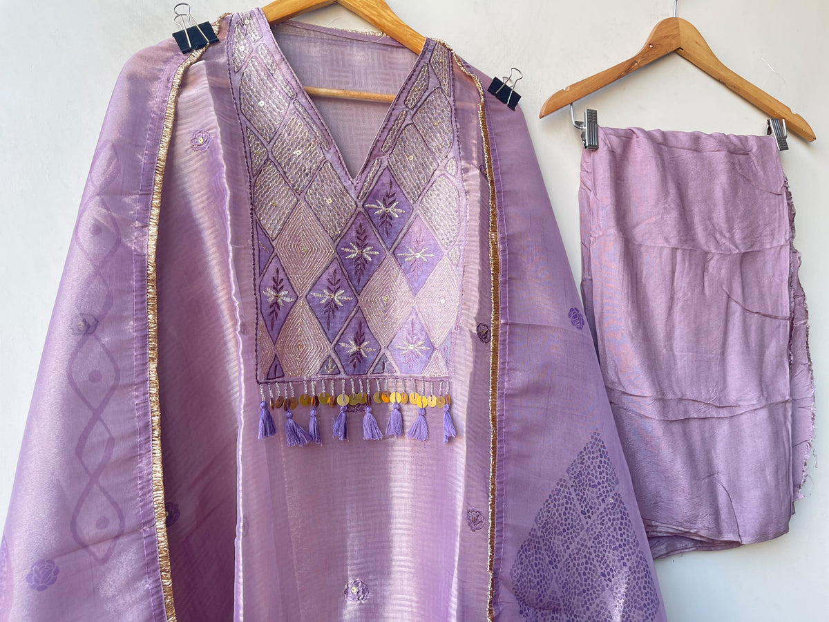 Pure Self Glass Organza Unstitched Suit with Sequence Resham, Yoke Coins & Printed Organza Dupatta