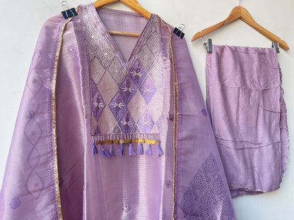 Pure Self Glass Organza Unstitched Suit with Sequence Resham, Yoke Coins & Printed Organza Dupatta